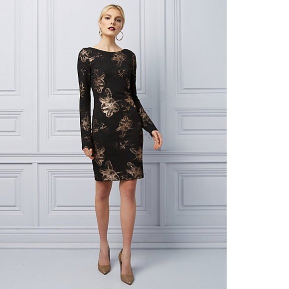 Le Chateau Black Gold Flowers Metallic V-back Evening Cocktail Bodycon Dress NWT - Picture 3 of 5